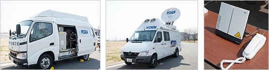 展示された(左から)移動電源車、車載型地球局(ビッグシェル)、衛星携帯電話