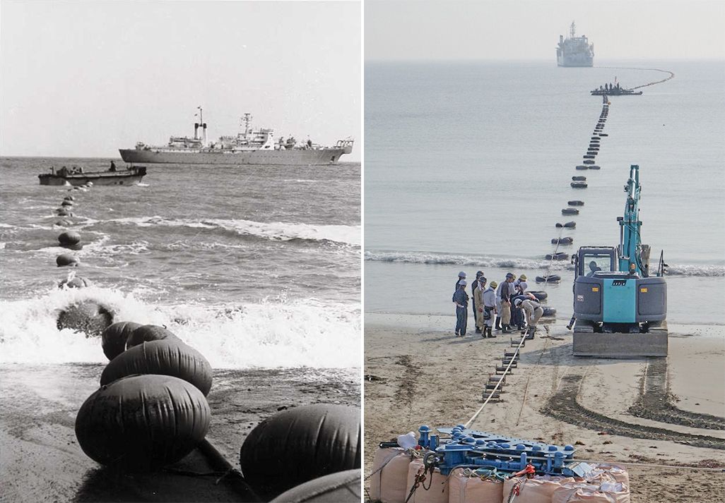 左／1964年、「TPC-1（第１太平洋横断ケーブル）」の陸揚げ工事。右／2015年、「FASTER（日米間光海底ケーブル）」の陸揚げ工事