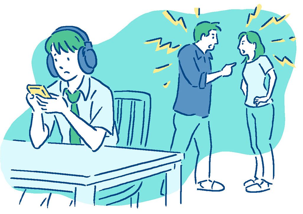 ケンカする両親とスマホに逃げる子ども