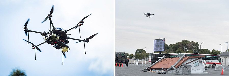 ドローン基地局と被災者を検索する実証実験の様子