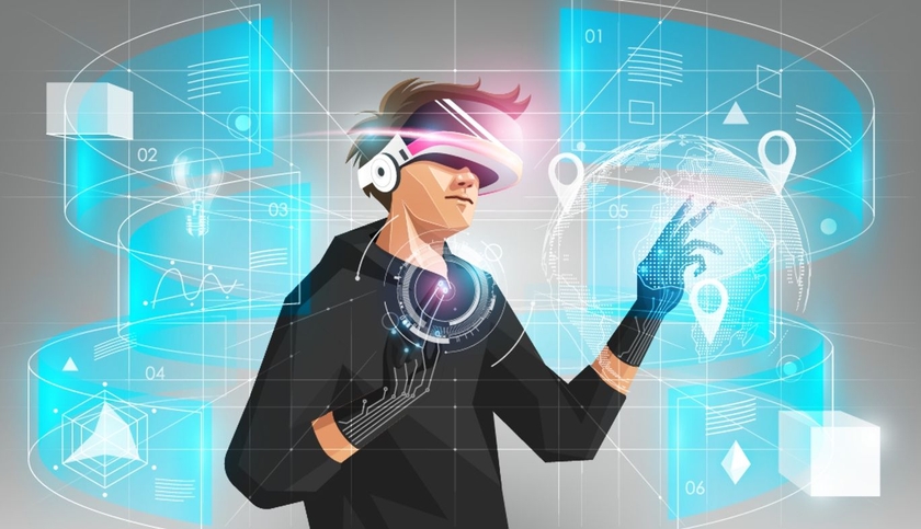 VRゴーグルとグローブパーツを付けてVR、XRを見る人