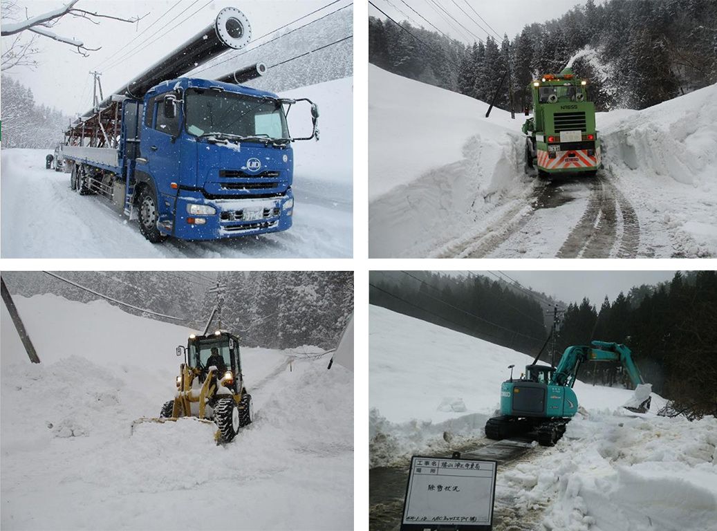 基地局工事を行う除雪車とショベルカー