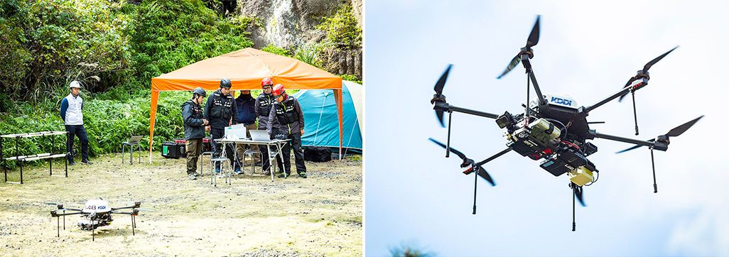 2017年12月に屋久島で行われたドローン基地局の実証実験の模様
