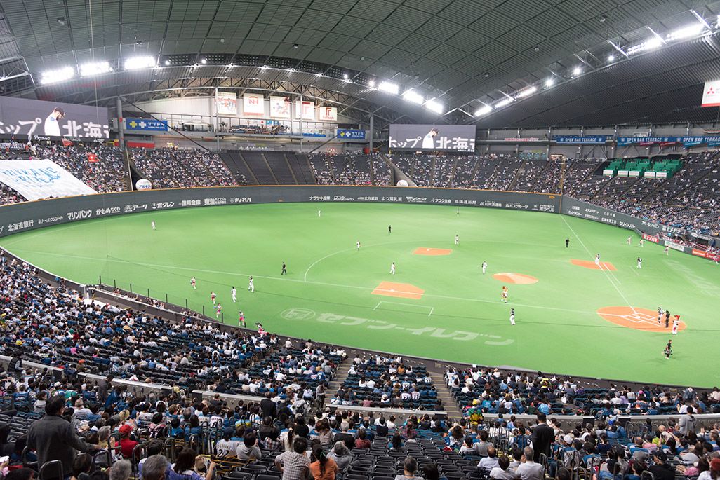 札幌ドームのスタンドより試合を観戦する模様