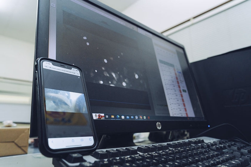 PCやスマートフォンに映しだされた養殖槽の様子